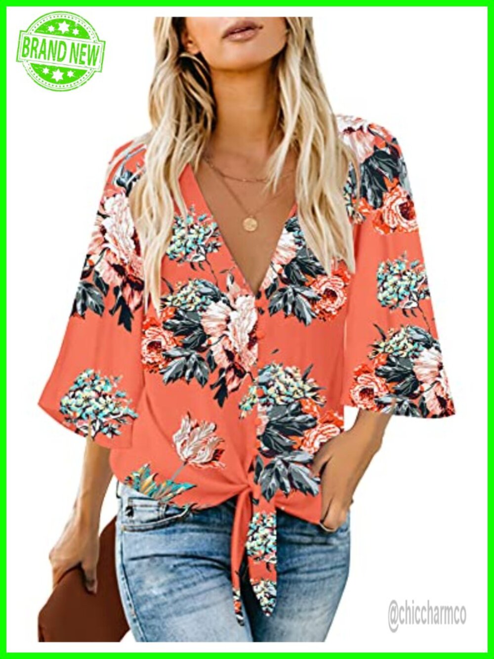 Women's V Neck 3/4 Sleeve Tie Knot Button Down Blouse Floral Casual Top